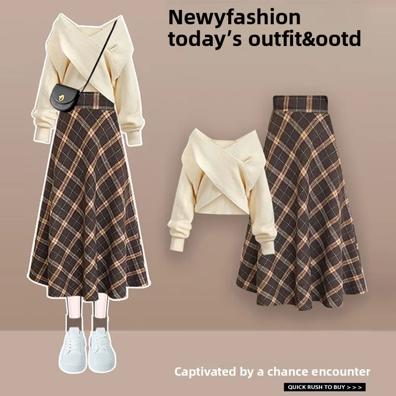 Salt Series Faion Set Women's Autumn Long Sve Cheered  Skirt High Waist V-ne Two-piece Suit Ele Feel