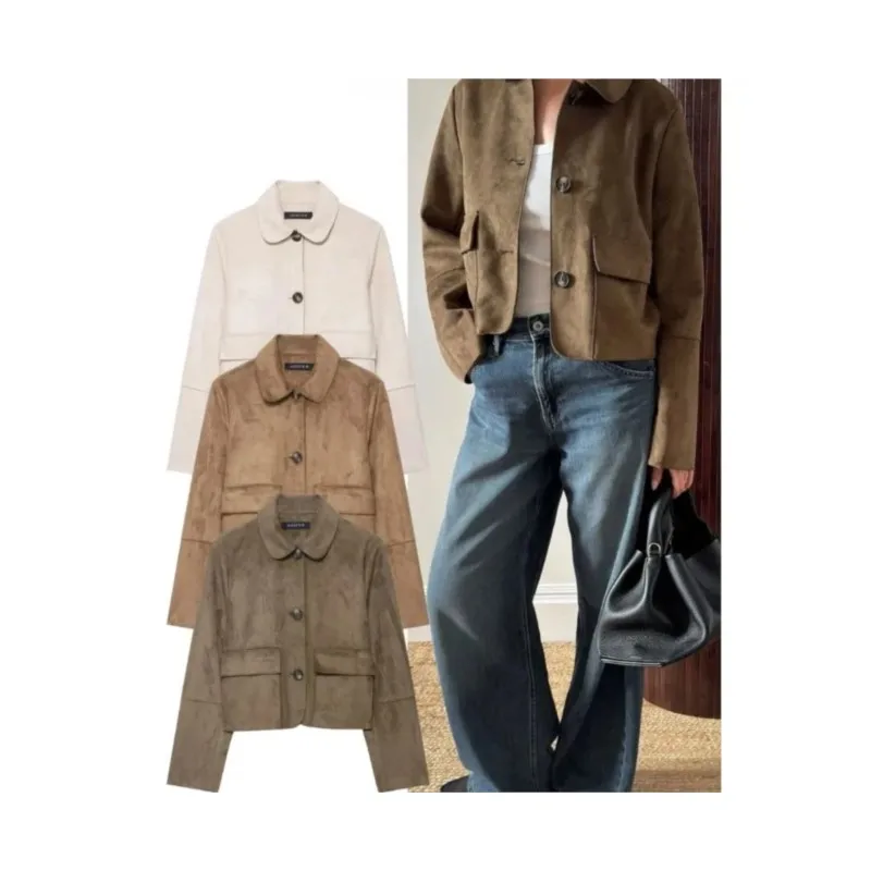 

Autumn Women Faux Suede Cropped Jacket Button Pocket Long Sleeves Lady Coats Chic Female Tops