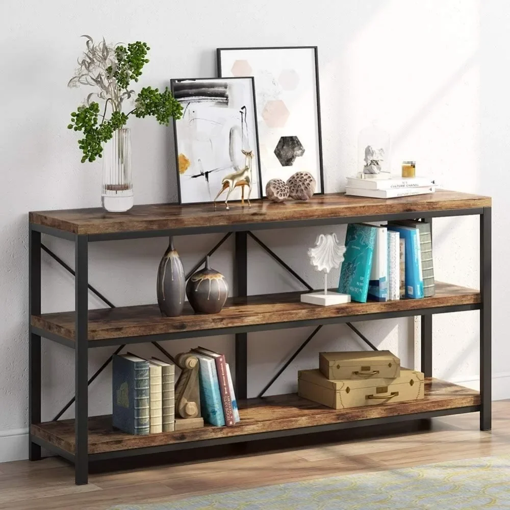 Table de canapé de 55 ans de long avec étagères de rangement, console industrielle rustique à 3 niveaux avec étagères ouvertes, trois étagères décoratives