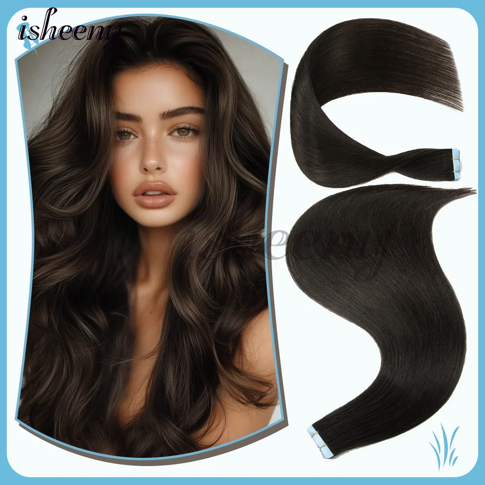 

18-дюймовый натуральный черный # 1B Невидимая лента для наращивания человеческих волос, машина для наращивания натуральных прямых волос Remy, 20 шт., 50 г, полные концы Isheeny