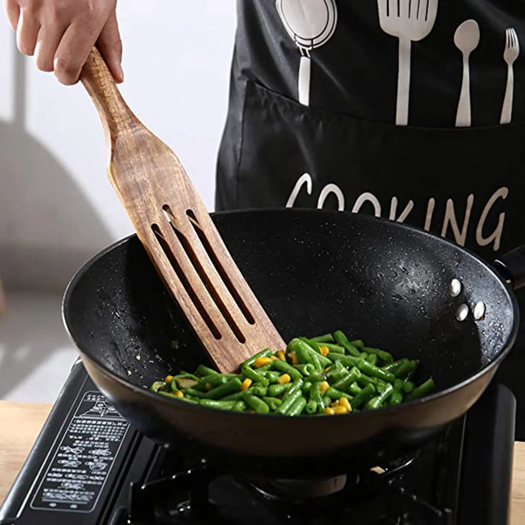 AA49 Wooden Spurtles Set (10Pcs) - Teak Wood Kitchen Tools Set - Heat Resistant Non Stick Wood Cookware For Stirring & Mixing