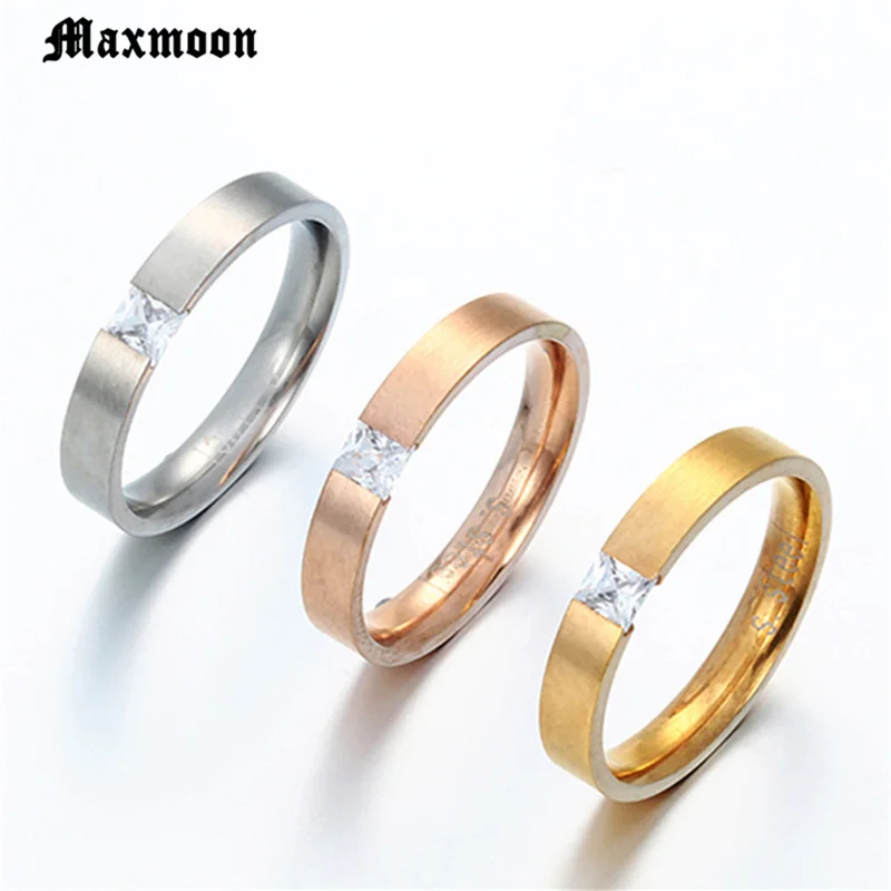 Maxmoon Men Women Wedding Band Titanium Steel Rings Bague Homme Wiredrawing Fashion Stainless Steel Cubic Zircon Ring