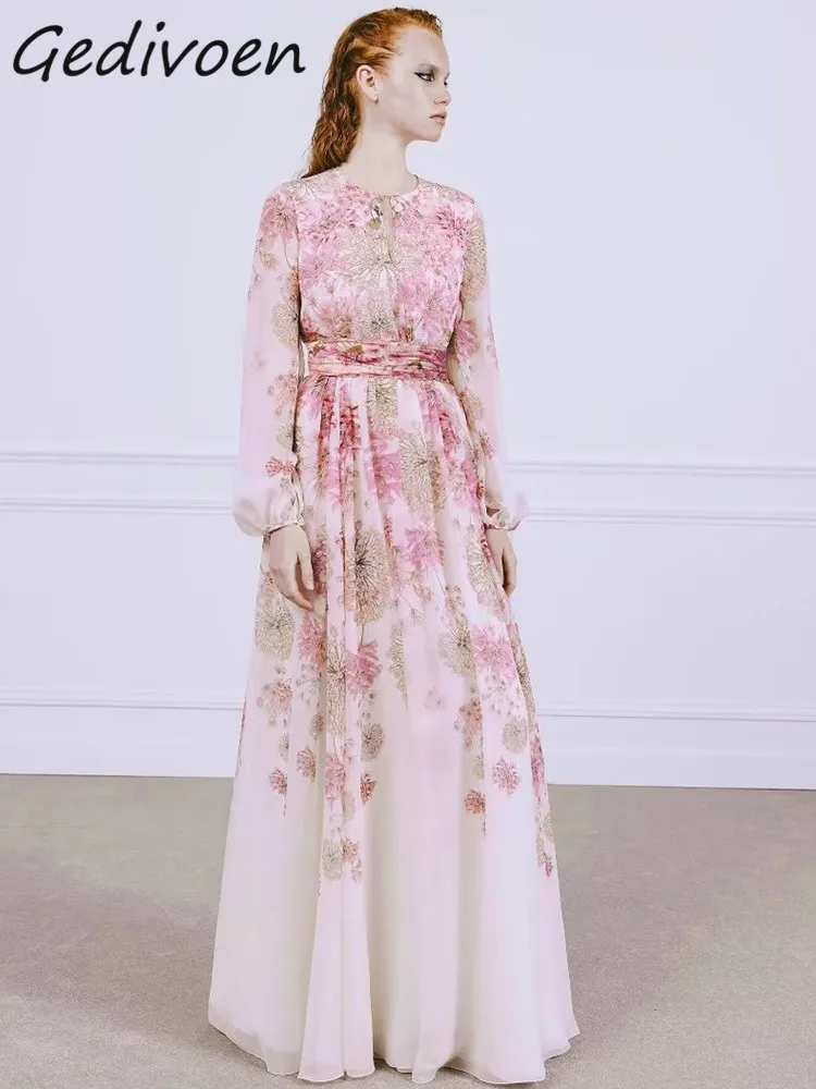 

Gedivoen Summer Fashion Designer Print Long Dress Women's O-Neck Frenulum Hollow Out Gathered Waist Vintage Loose Casual Dress