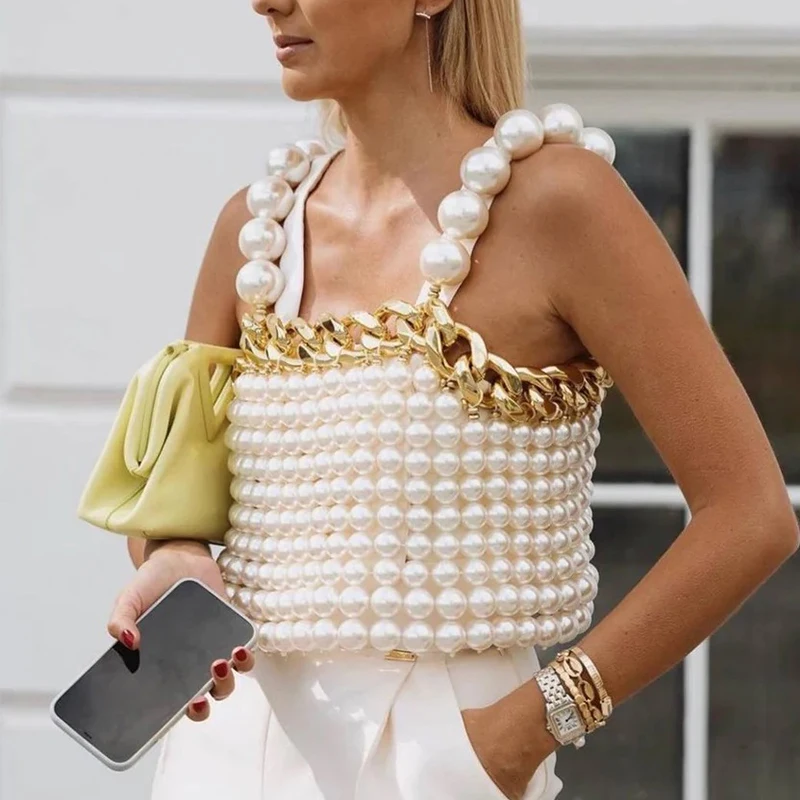 

Duftgold New Luxury Beaded Vest Pearl Body Chain Handmade Pearl Top Jewelry For Women
