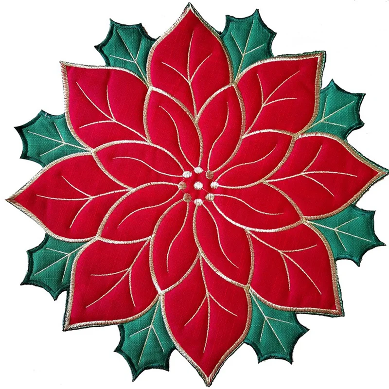 AD30-Holiday Christmas Embroidered Placemats Applique Poinsettia Placemats Christmas Flower Placemat for Table Decoration A