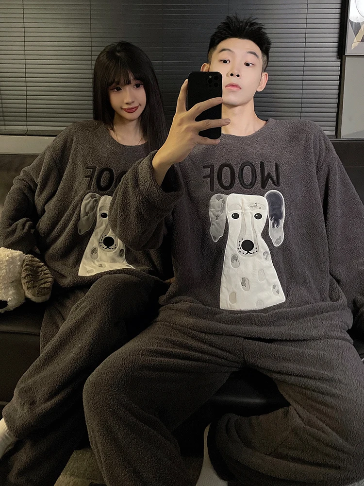 DAIMELU الشتاء ملابس خاصة مجموعة منامة الرجال المرجان الصوف الفانيلا سميكة الدافئة الذكور طويلة الأكمام الكرتون كبيرة الحجم المتسكعون مجموعة