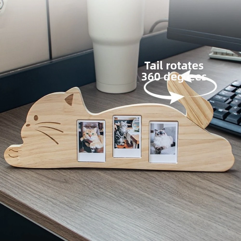 New Cat Shape Photo Frame Wooden Detachable Picture Frame Rotatable Tail Frame 3/4 Grids Pet Photo Album Home Decor