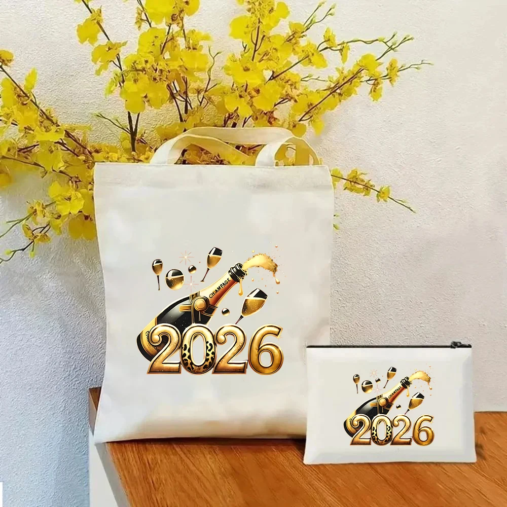 2026 New Year Champagne Gold Canvas Tote Bag with Makeup Pouch Set Women Reusable Shopping Handbag for Party Gift Beach Bag