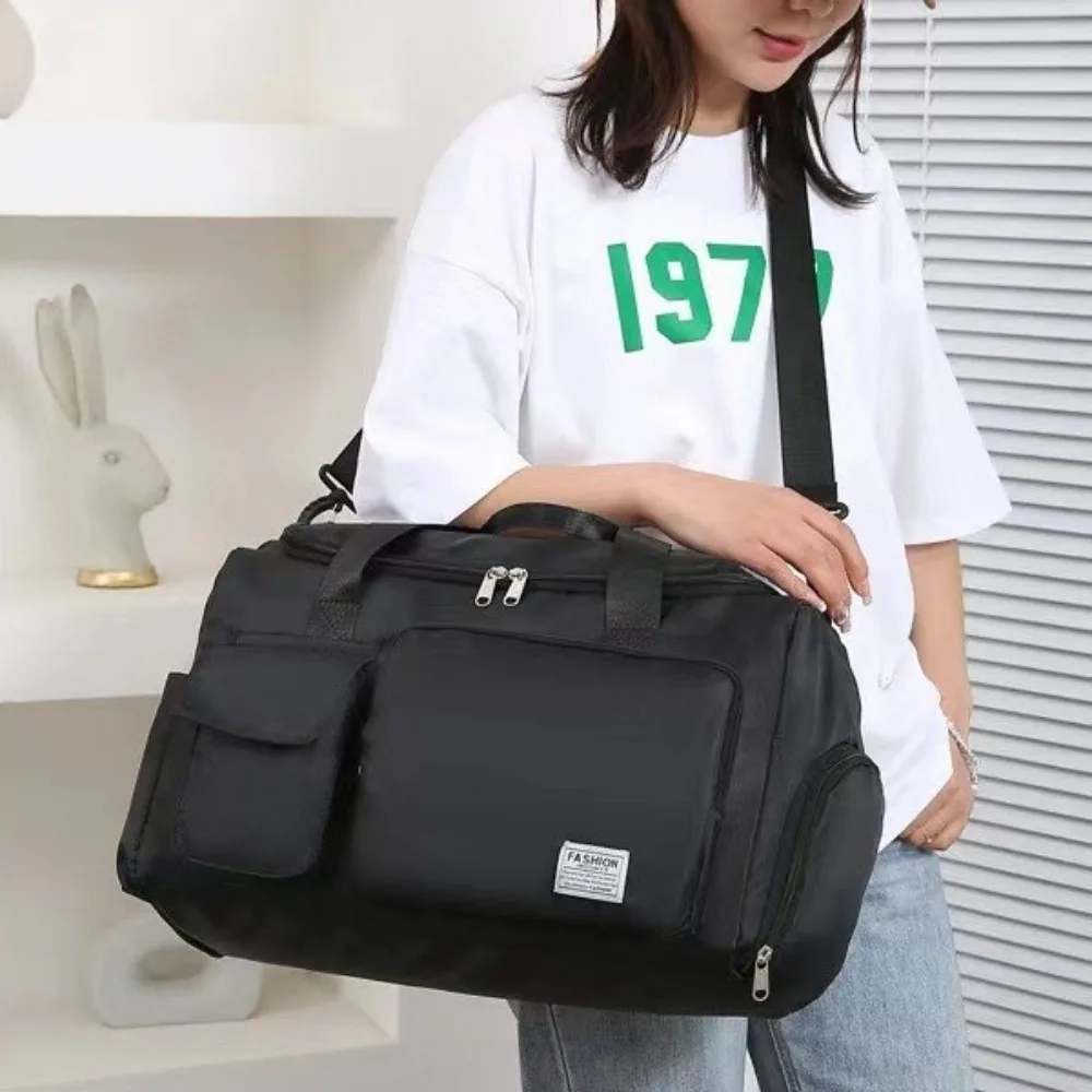 

Oxford Travel Luggage Bag Foldable Multi-functional Nylon Duffle Bag with Shoe Compartment Solid Color Large Capacity Handbag