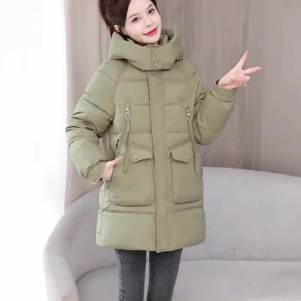 

New Women's down Cotton-padded Jacket Mid-Length Slimming Winter Coat Hooded Thickened All-match Loose Style for Ladies
