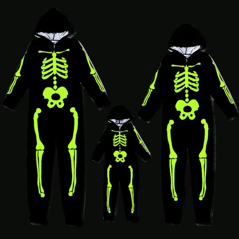 Halloween Skeleton Costume for Kids Men Women Toddler Luminous Scary Skull Bones Jumpsuit Glow in the Dark Outfit for Party