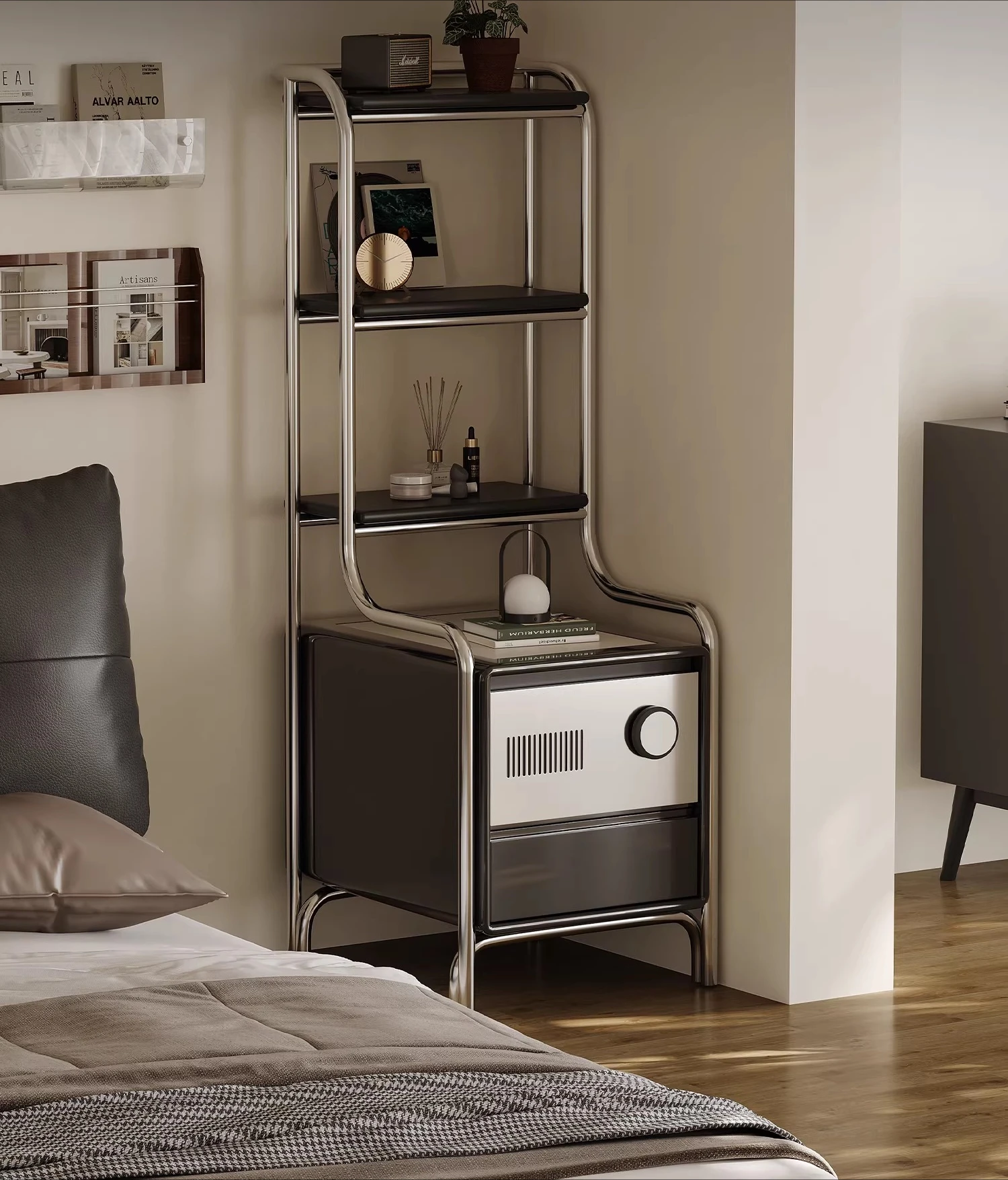 

table bookshelf integrated bedroom living room corner side cabinet stainless steel light luxury Bauhaus bedside shelf