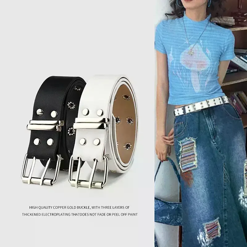 PU Leather Belt With Star Grommet Design And Adjustable Buckle For Streetwear Punk Outfits Daily Wear
