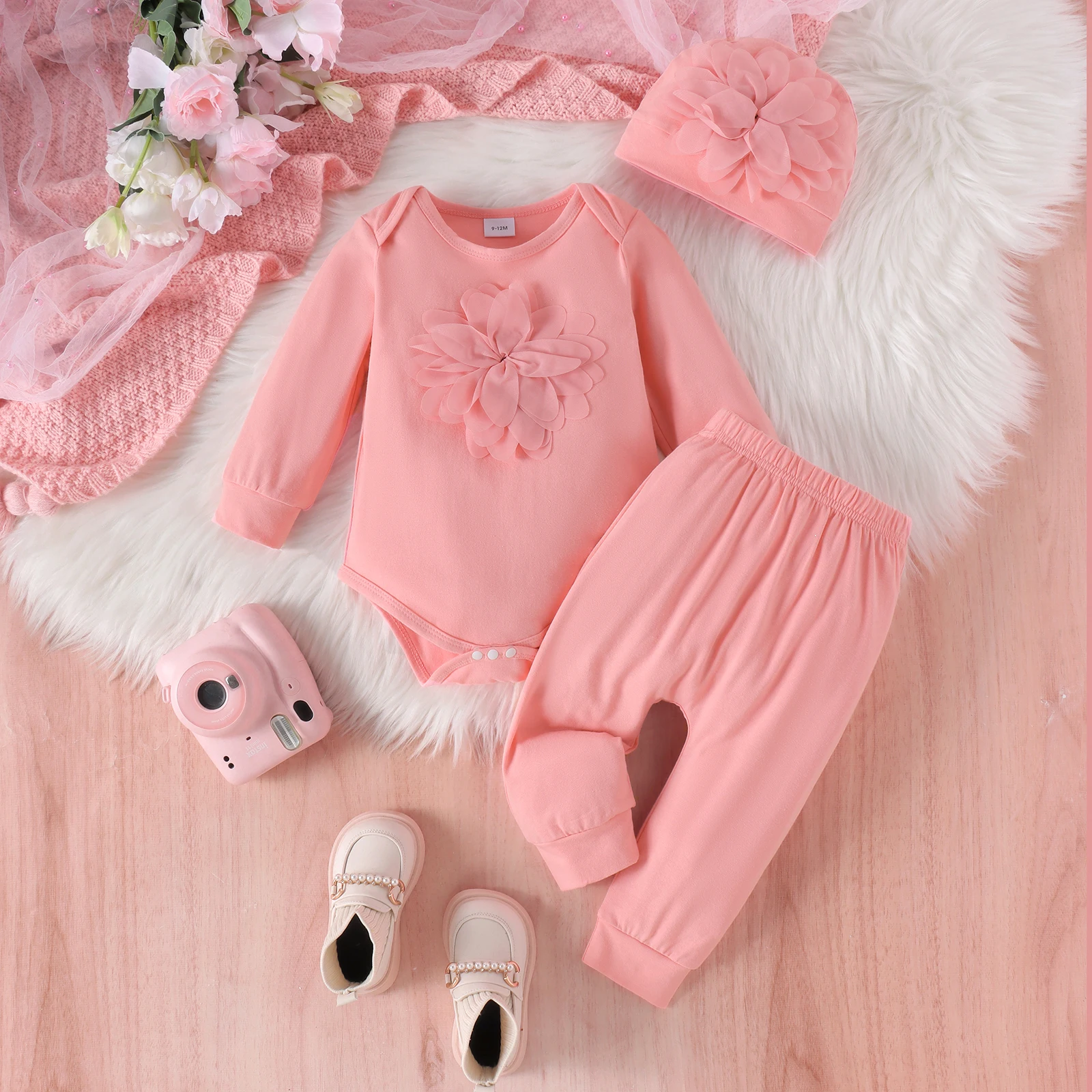 3PCS Autumn New Style For Newborn Girls Aged 0-1 Years Old Simple Casual Round Collar Pink Long-Sleeved Hat + Trousers + Hat