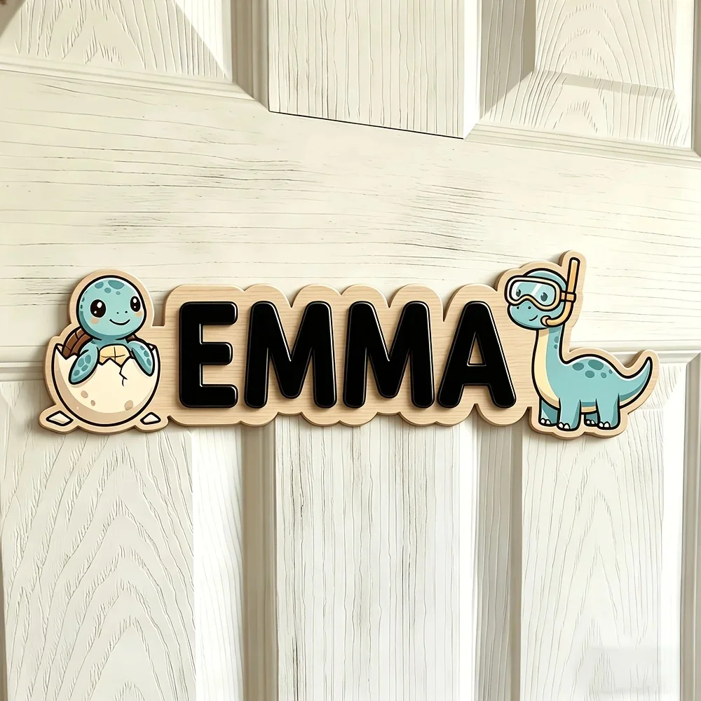 2-Layer Custom Wooden Name Door Sign, 3D Raised Custom Name Plaque, Printed Dinosaur & Turtle Art, Personalized Wall Decor Gift
