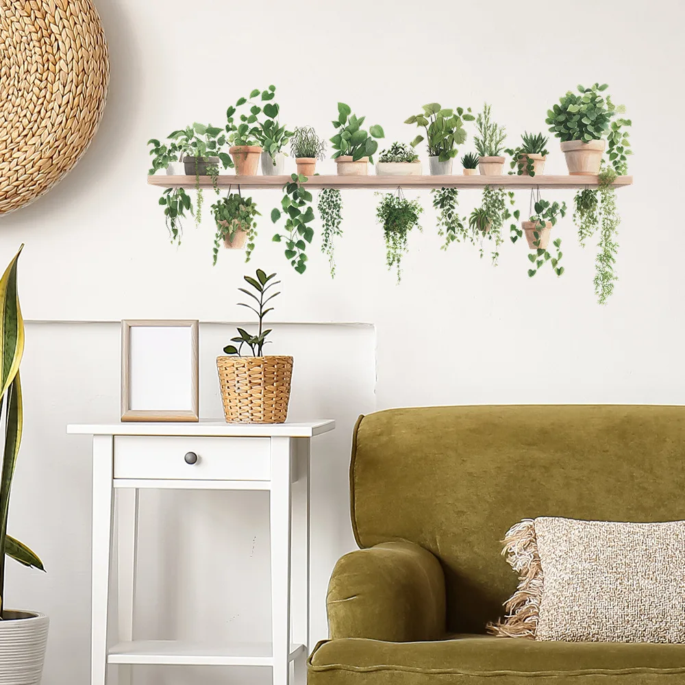 Frische grüne Pflanzen, Topfpflanzen, Schlafzimmer, Wohnzimmer, Eingangshalle, Kleiderschrank, Schlafsaal, Heimdekoration, Wandaufkleber