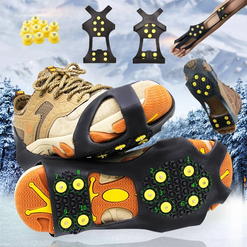 1Pair 10 Studs Snow Ice Claw Anti-Skid Snow Ice Thermo Plastic Elastomer Climbing Shoes Anti Slip Spikes Grips Crampon Cleats