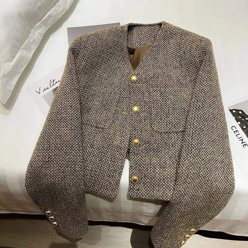 

Осенний женский шерстяной пиджак с длинными рукавами, французские женские маленькие топы с v-образным вырезом, женский модный пиджак, пальто