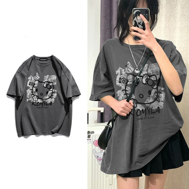 Kawaii Sanrio Hello Kitty T shirt Women Summer Loose Aesthetic Tops Y2k Cartoon Graphic Print Tees Cute Anime Clothes Female