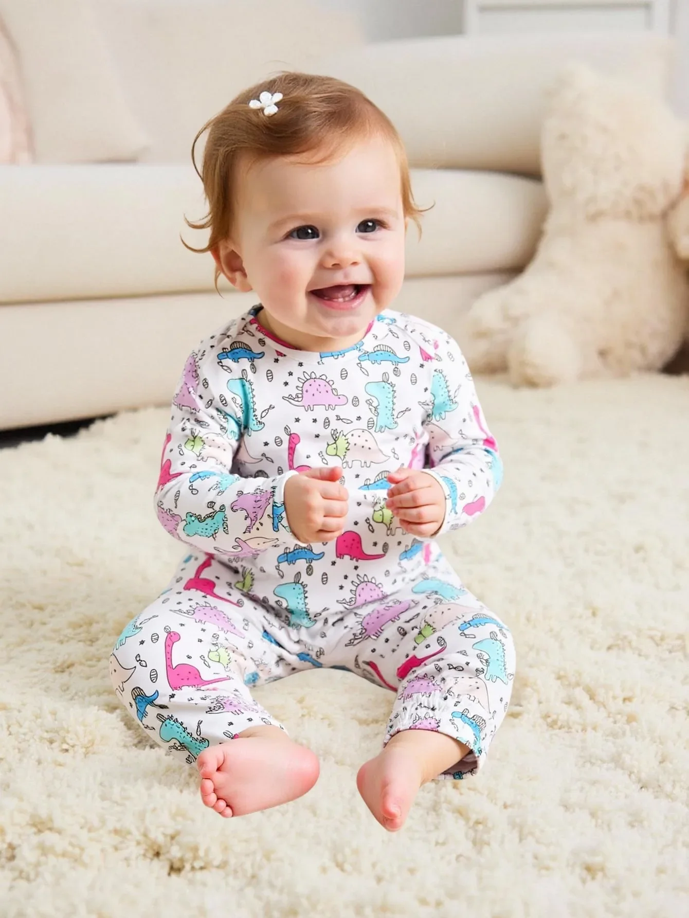 Cute Baby‑Girl Long‑Sleeve Footed Onesie with Full‑Cartoon Animal Print, Crew‑Neck, Side‑Pockets, Comes with Bow Hair Accessory,