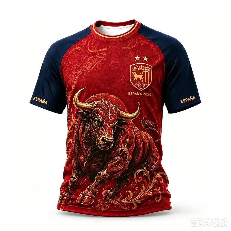 Spain Inspired 2026 New 3D Print Soccer Jersey Red Navy Raglan Sleeve Ornate Bull Graphic Unisex Football Fan Short Sleeve Top