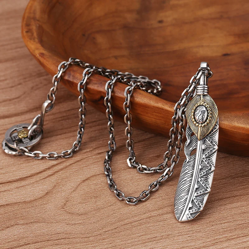 

S925 Sterling Silver Indian Style Feather Pendant Trendy Personality Retro Men's and Women's Angled Chain with Necklace Pendant