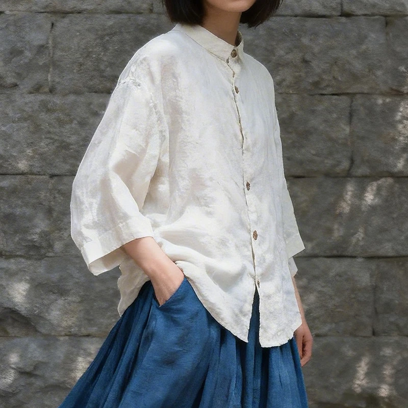 

100% Linen Women Casual Shirt New Arrival 2026 Summer Simple Style Turn-down Collar Solid Color Loose Female Tops Shirts M2492