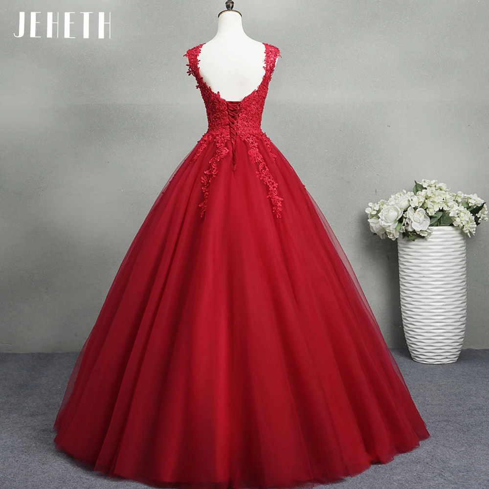 JEHETH Strap Sleeveless Prom Dress Lace Appliques Beading Party Gown for Women Lace Up Floor Length robes Sweetheart Quinceanera