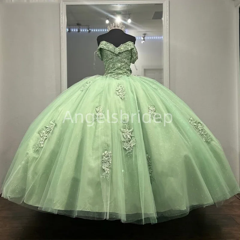 Angelsbridep Sage Green Off Shoulder Mexican Quinceanera Dressess Applique Lace Beads Tull Prom Lace Up Vestido 15 Quinceañeras