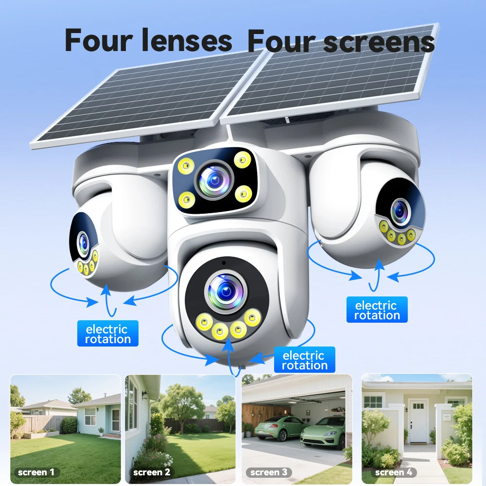 20MP 4 Lens 4 Screen 4G Solar Security Camera Outdoor PTZ WiFi IP Camera 10X Zoom Auto Tracking Wireless CCTV Surveillance