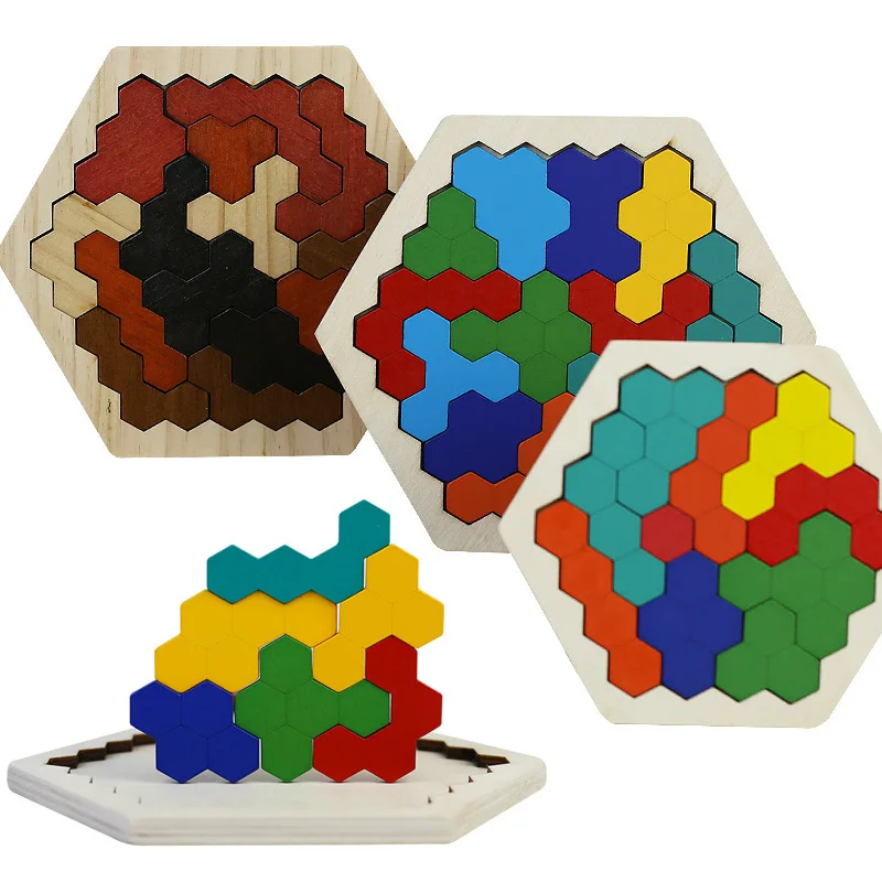 

Wooden Hexagon Intellectual Geometric Variety Puzzle Puzzle Kindergarten Elementary School Students Building Blocks Tangram Toys