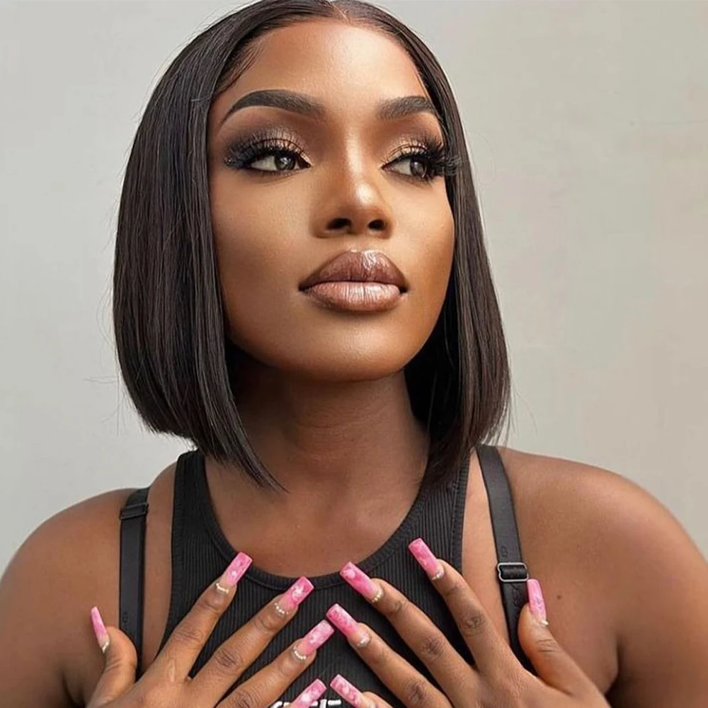 Short Straight Bob Glueless Front Human Hair Wig For Black Woman 13×6 HD Transparent Lace Wigs 350 Density 8-14 Inch Pre Plucked