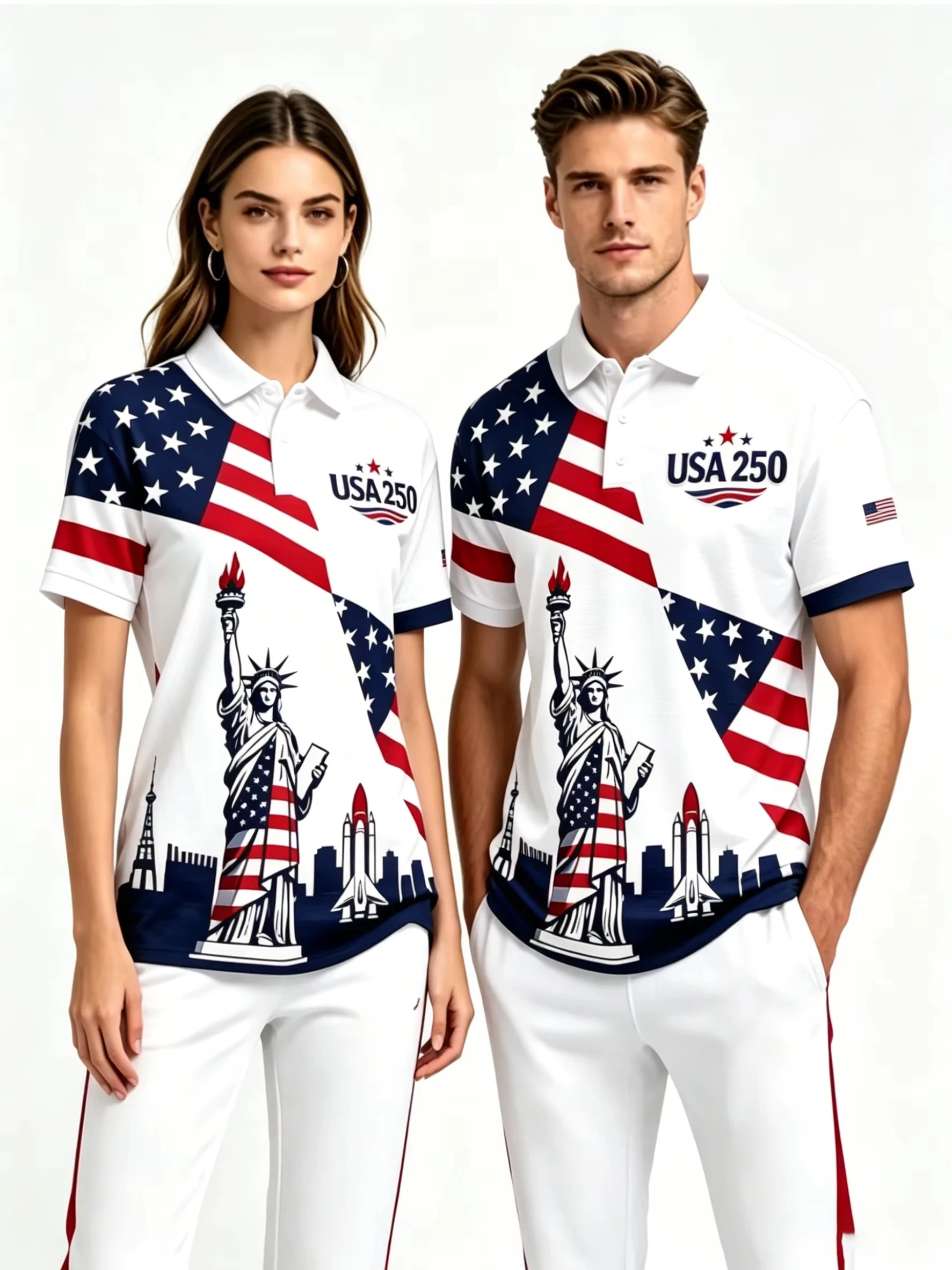 Street Fashion Printed Couple Polo Tops Men Women USA 250 Classic Monument Pattern Short Sleeve All Season Daily Shirts