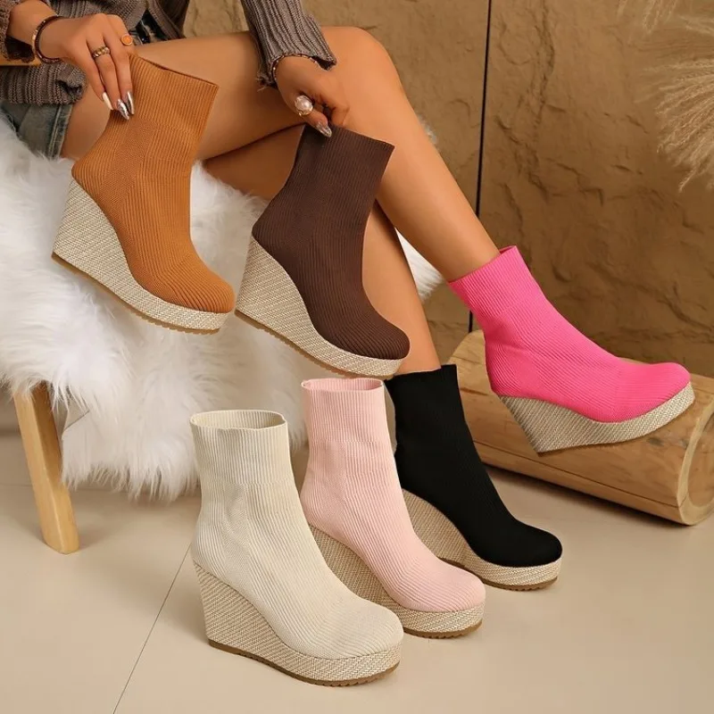 

Women's Boots 2026 New Fashion Pointed Soft Knitted Casual Comfortable Shoes Plus Size 41 42 43 Wedge Heels Pumps Simple