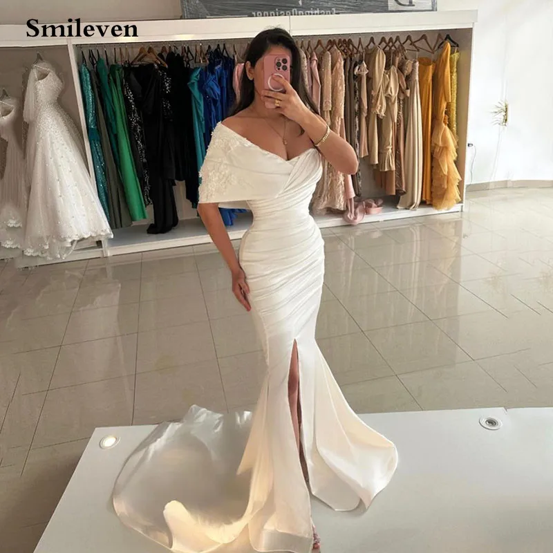 Smileven Satin Mermaid Wedding Dresses Off The Shoulder Vintage Lace Beach Bride Dresses Pleats Boho Bridal Gowns