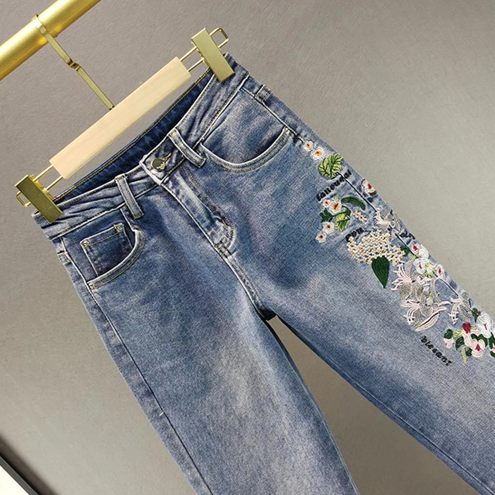 Retro Embroidered Straight Jeans Women\'s Washed Denim Trousers Spring Cotton Stretch High Waist Loose Casual Ladies Jeans