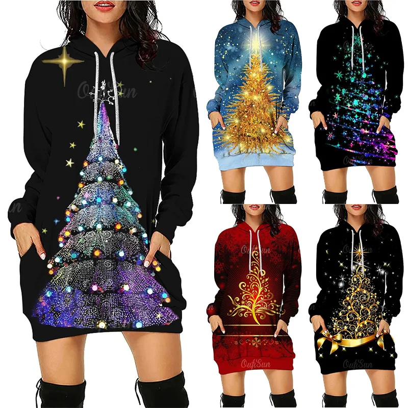 Christmas Tree Women\'s Hoodies Dress New Funny Fashion Mid-Length Pullover Autumn Women Loose Casual Sport Hoodie Dress