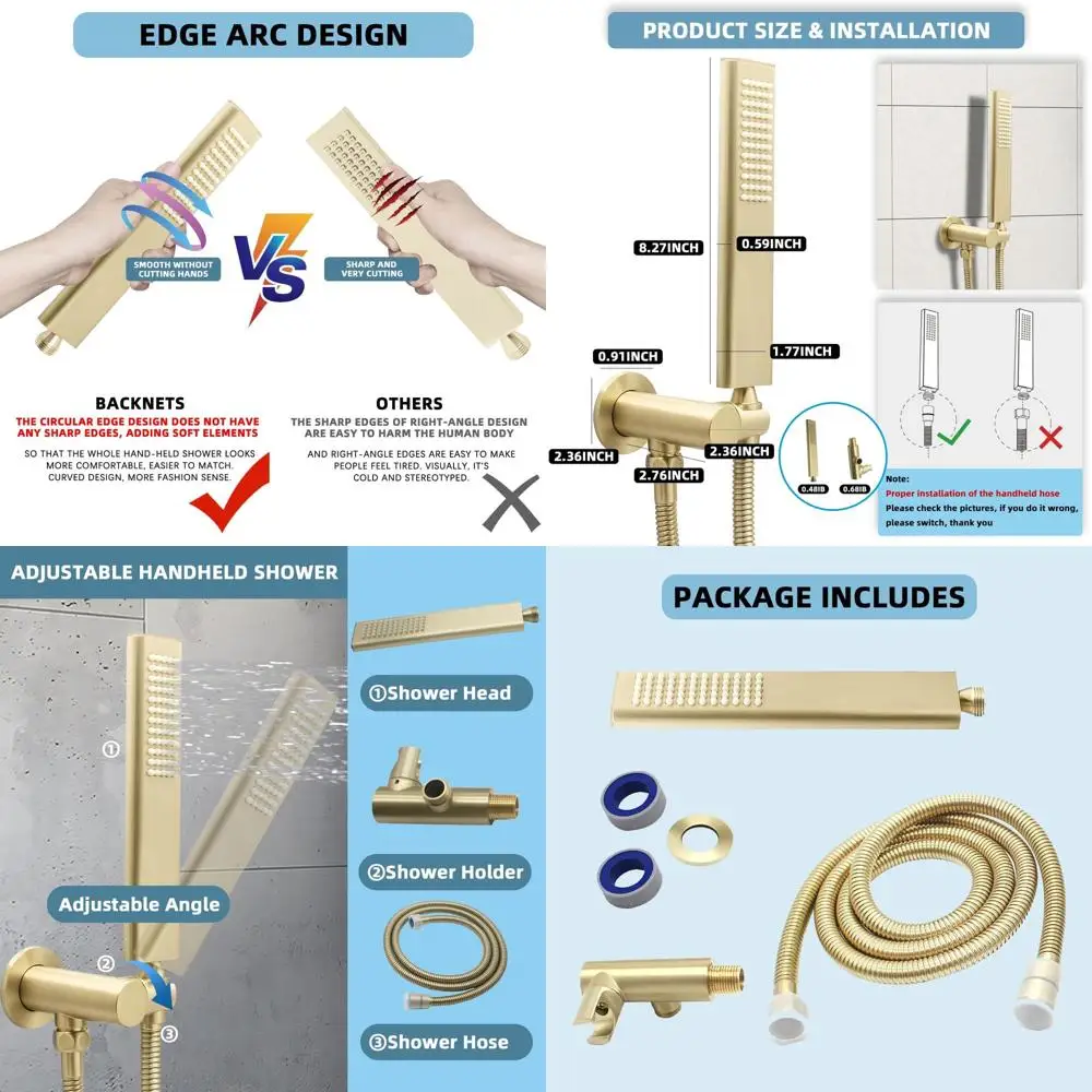 

Душевая лейка Arc-Designed из латуни с покрытием под матовое золото, с регулируемым настенным кронштейном и шлангом из нержавеющей стали длиной 59 дюймов