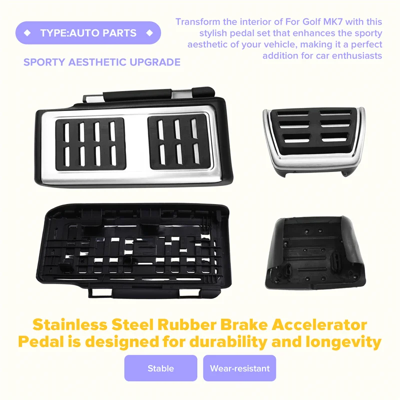 

For Golf MK7 AT 1997-2019 Stainless Steel Rubber Brake Accelerator Pedal Anti-Slip Surface Sporty Aesthetic For LHD RHD