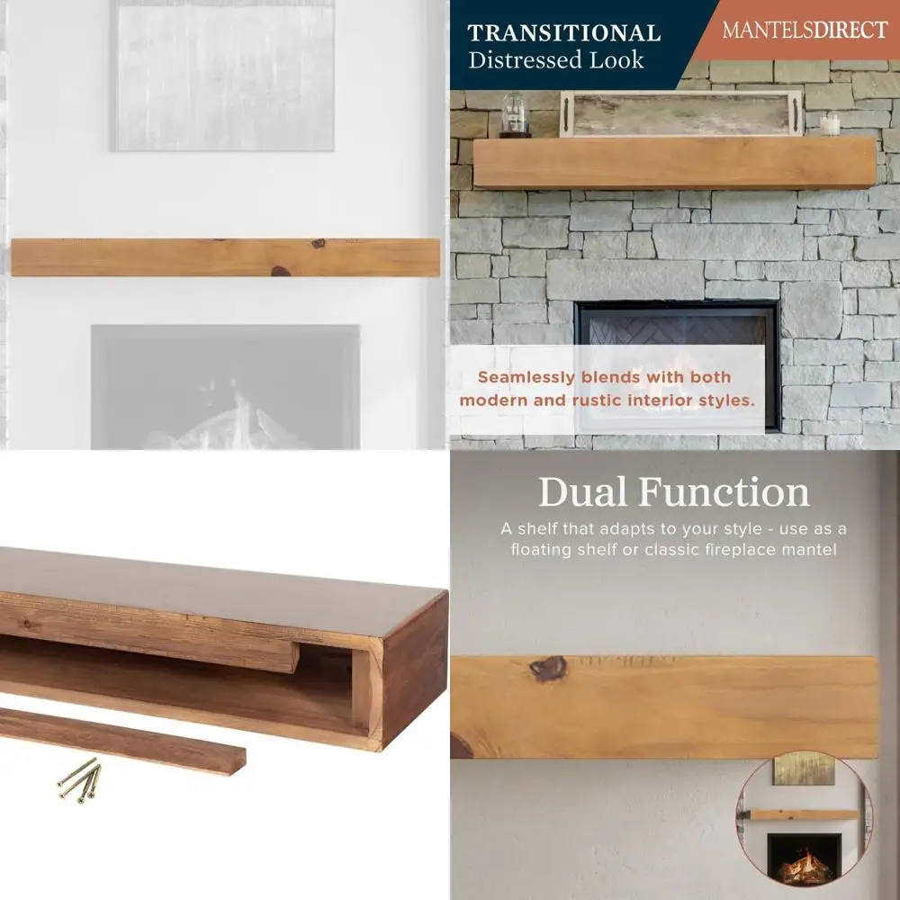

72 Rustic Pine Floating Mantel Shelf, 9 Deep, Golden Pecan Finish - Perfect for Fireplace Decor