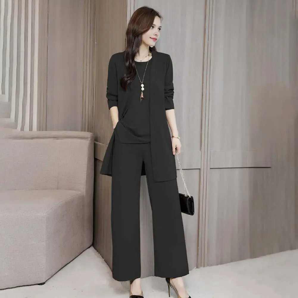 Women Fall Suit Elegant Women\'s Spring Fall Outfit Set with Sleeveless Vest Long Sleeves Coat Wide Leg Pants for Office Daily