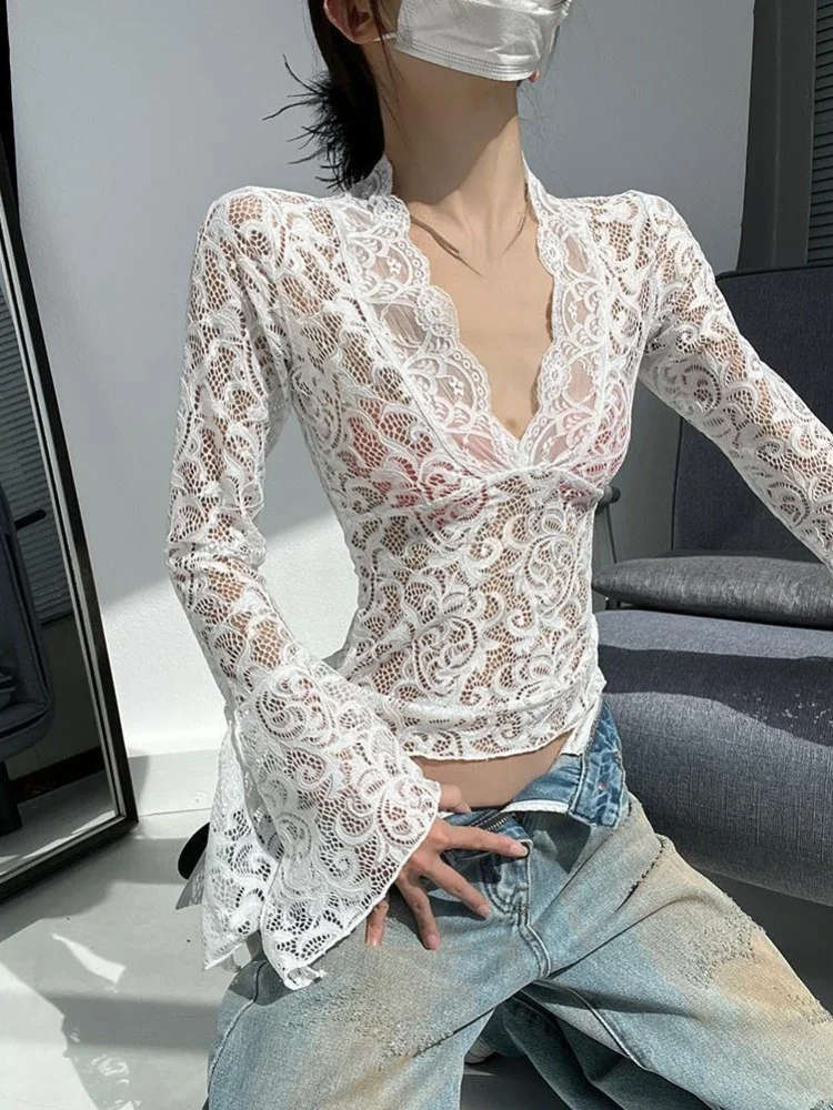 Y2k estética vintage rendas jacquard camisetas streetwear magro sexy oco para fora grunge tshirts harajuku branco bottoming colheita topos