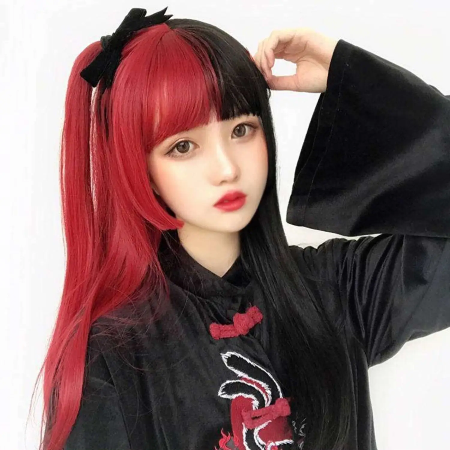 ‌ Peluca recta de corte Hime: pelo de princesa Lolita, cosplay de Halloween, peluca de anime natural negra/azul/rosa para mujer