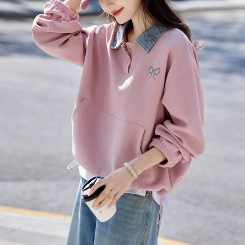 Preppy Style Denim Collar Sweatshirt Women Bow Embroidery Loose Long Sleeve Casual Pullover view 5