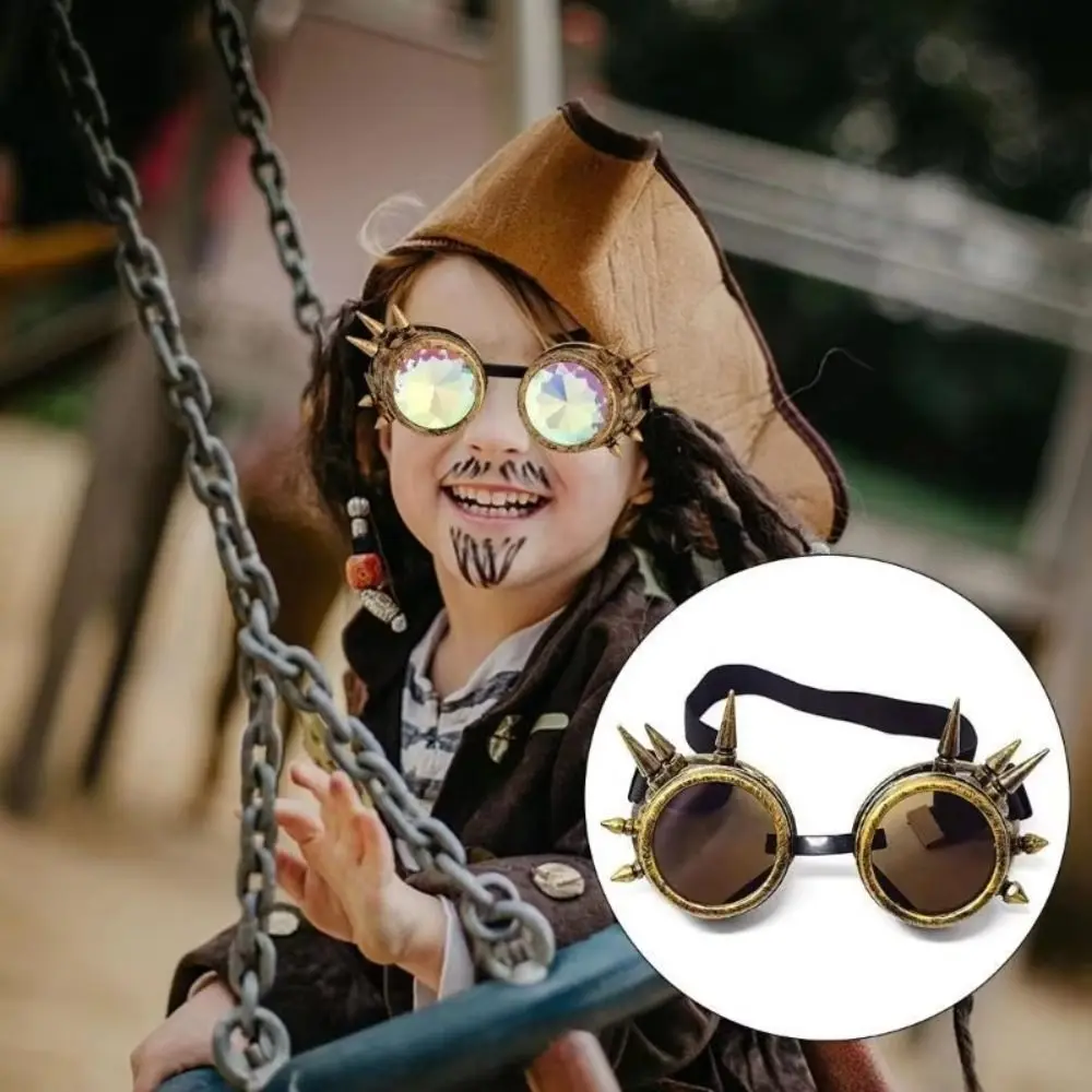 Tinted Round Lenses Steampunk Goggles Adjustable Elastic Strap Vintage Style Vintage Goggles Decorative Spikes Costume Eyewear