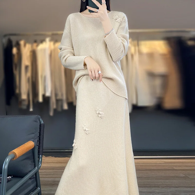 New Hot Selling Women\'s Set Fashion O-Neck Knitted 100% Wool Pullover Women\'s Sweater Versatile Long Half Skirt Pure Wool suit