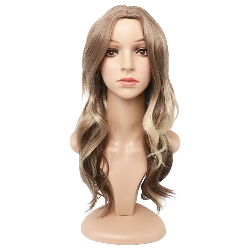 Brown Gradient Medium Length Curly Fiber Wig for Women - High Temp Silk Cover, Blonde/Brown 25.59 inches
