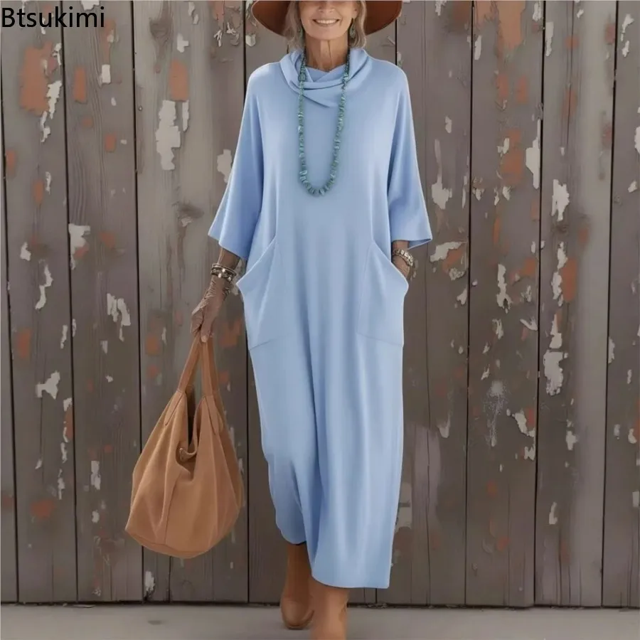 Neues 2026 Mode Lockeres Hochgeschlossenes Halbarm-Damenkleid Frühling und Sommer Elegantes Damen-Freizeitkleid mit Taschen für Partys Lange Kleider