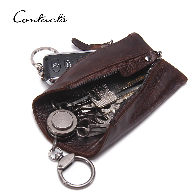 CONTACT'S Genuine Leather Men Key Wallet Vintage Keychain Cover Zipper Key Pouch Bag Housekeeper Key Holder Male Key Purse