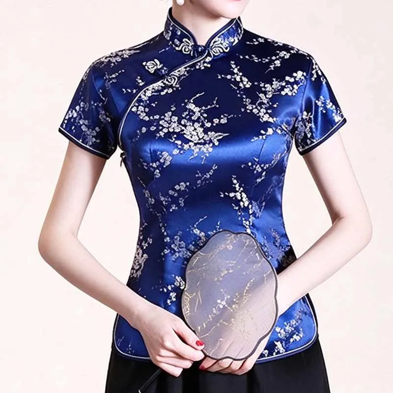 Womens Navy Blue Jacquard Qipao Blouse Short Sleeve Mandarin Collar Plum Blossom Pattern Slim Fit Traditional Chinese Cheongsam